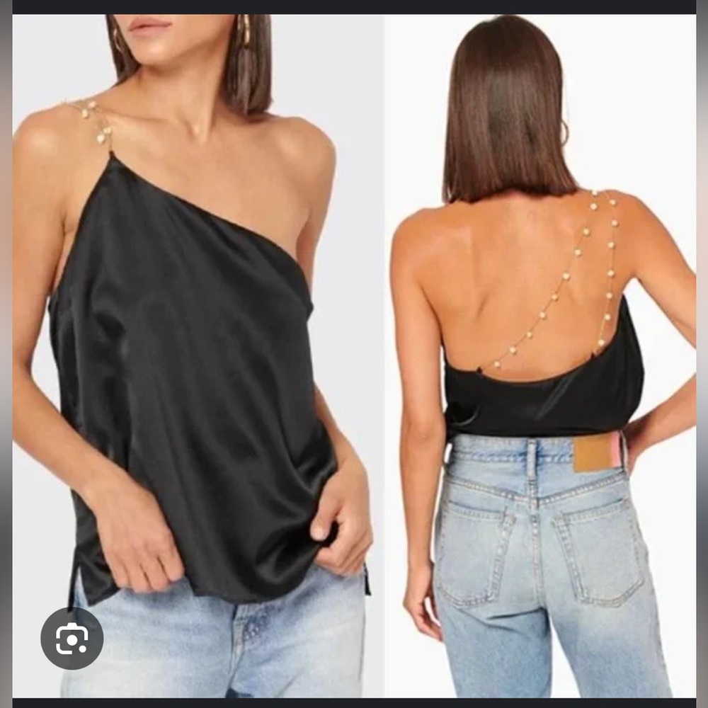 CAMI NYC Black Silk one shoulder pearl strap top NWOT